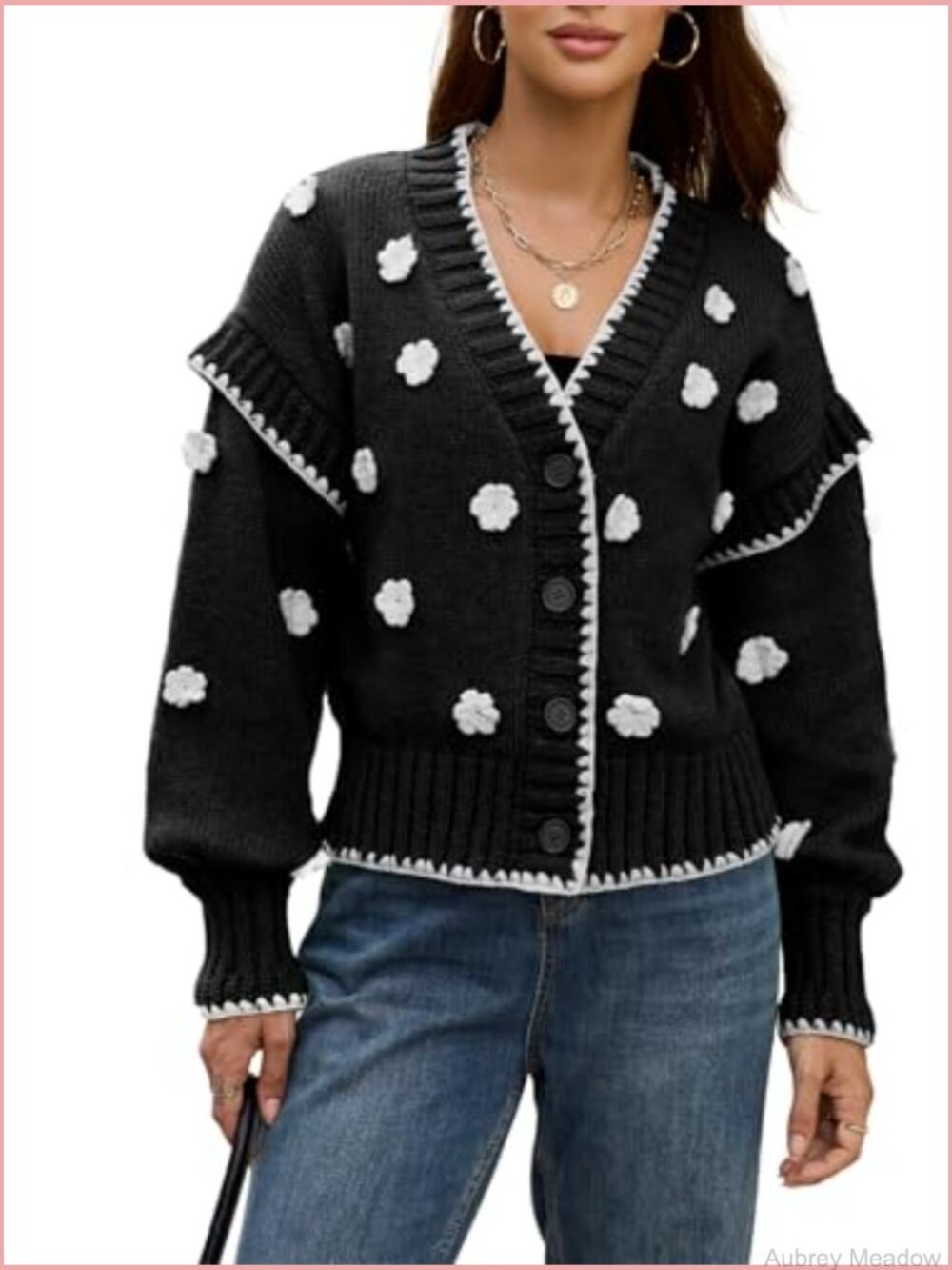 Chunky Knit Drop Shoulder V Neck Button Down Embroidered Flower Cardigan Tops - Picture 2 of 7